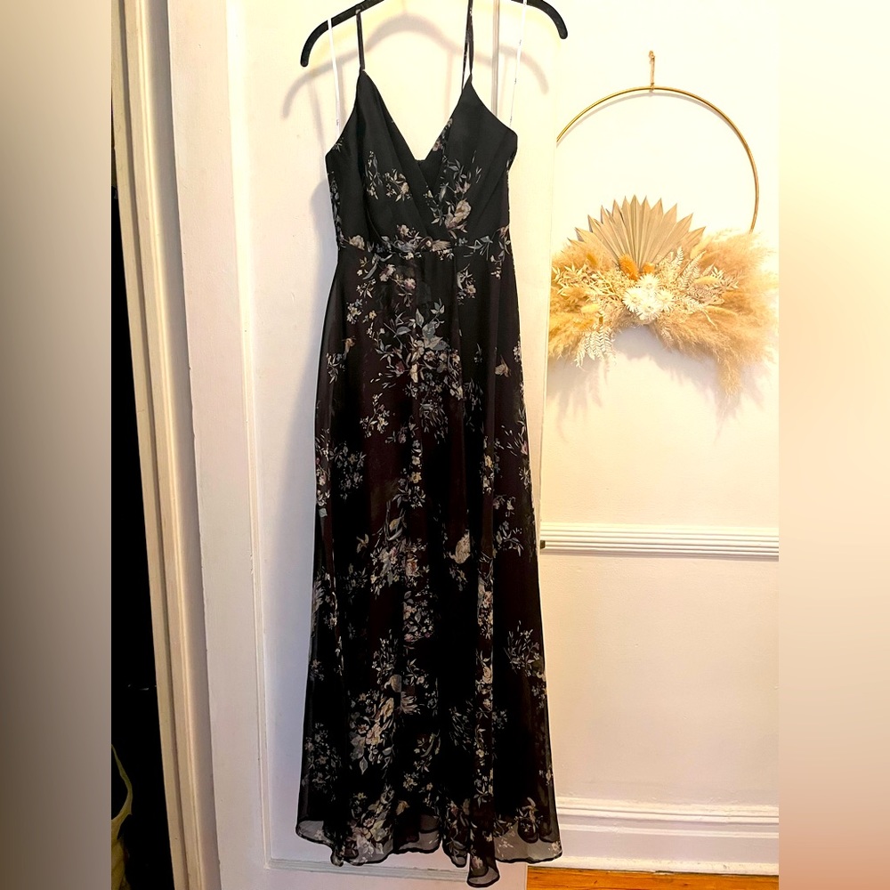 Lulus floor-length dress, black with flowers.